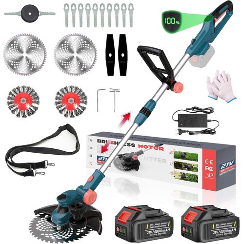 750W Akku Rasentrimmer mit 2× 4.0Ah Akkus & Ladegerät, Freischneider Gartengeräte mit Fugenbürste & Unkrautbürste | Blau
