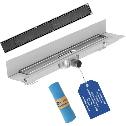 BADfabrik24 ACO ShowerDrain C, Rinnenkörper, 68,5 cm, Einbauhöhe Oberkante Estrich: 8 – 12,8 cm, Aufkantung hinten + ACO ShowerDrain C Design-Rost Tile 68,5 cm inkl. Mikrofasertuch
