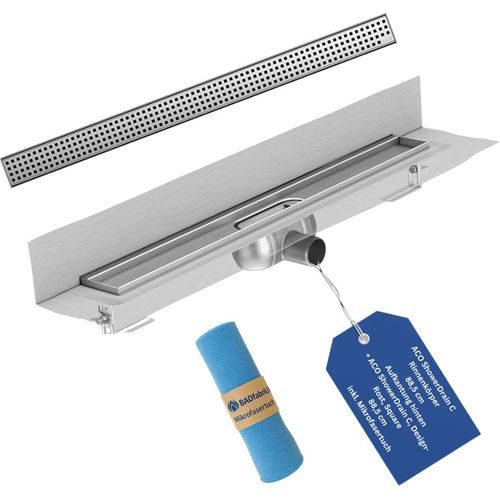 BADfabrik24 ACO ShowerDrain C, Rinnenkörper, 88,5 cm, Einbauhöhe Oberkante Estrich: 8 – 12,8 cm, Aufkantung hinten + ACO ShowerDrain C, Design-Rost, Square, 88,5 cm inkl. Mikrofasertuch