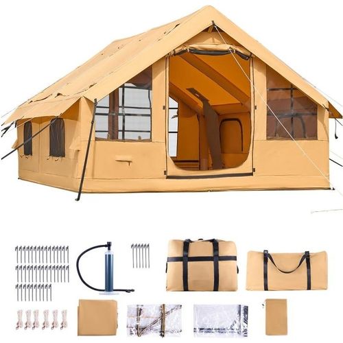Campingzelt Aufblasbar für 5-8 Personen mit Handpumpe - 4x3x2,2 m Glamping-Zelt - Luxus-Camping mit 2 Oberlichtern, Baldachin & Ofenanschluss - 2 Türen & Netzfenster - Aufbewahrungstasche Inklusive