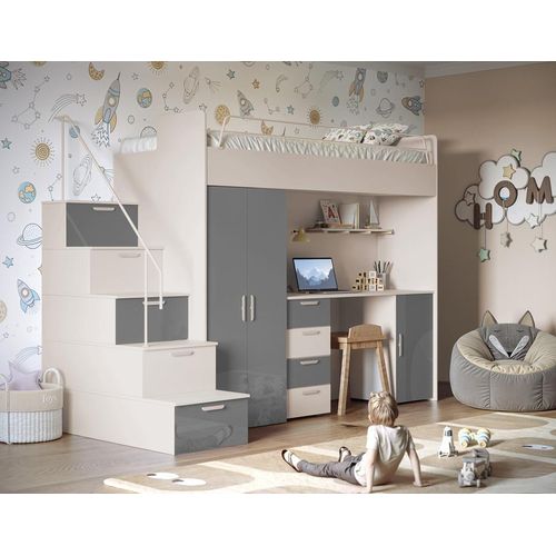 Etagenbett FELIX 4S – Hochglanz oder Matt – Kinderbett, Hochbett, MIT Matratze und Lattenrost (Kaschmir + Grau Glanz)
