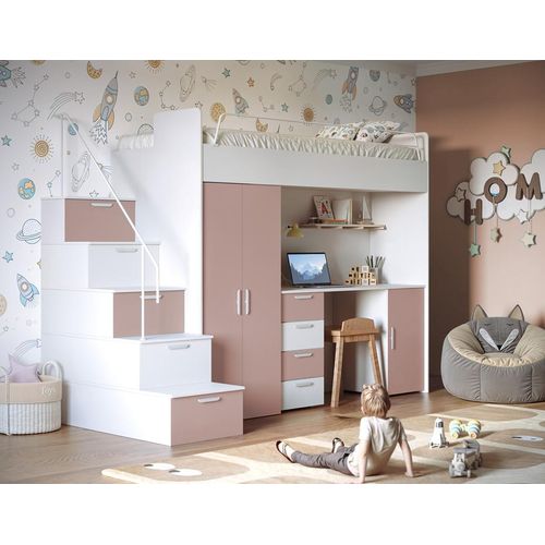 Etagenbett FELIX 4S – Hochglanz oder Matt – Kinderbett, Hochbett, MIT Matratze und Lattenrost (Weiß + Antrikrosa Matt)