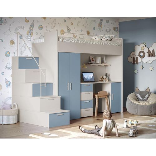 Etagenbett FELIX 4S – Hochglanz oder Matt – Kinderbett, Hochbett, MIT Matratze und Lattenrost (Kaschmir + Blau Matt)