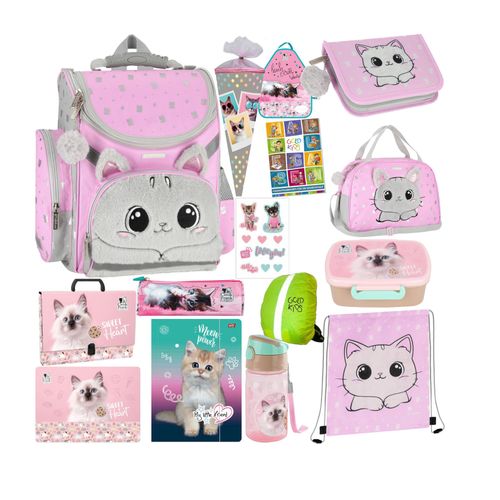 Goldkids - Schulranzen für Jungen und Mädchen, 15er-Set - Schul-Rucksack für Kinder mit Federmäppchen - Schuhbeutel Trinkflasche und Brotdose - Katze