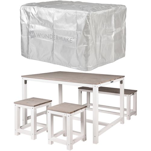 WONDERMAKE® Sitzgruppe Sitzgarnitur Holz Outdoor Garten Balkon 4 Personen, Essgruppe Essgarnitur draußen außen, Set: Tisch Sitzbank Hocker, weiß grau