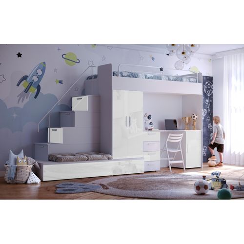 Etagenbett FELIX 5, Hochglanz Kinderbett, Hochbett, OHNE Matratze und Lattenrost ( Weiß + Weiß Glanz)