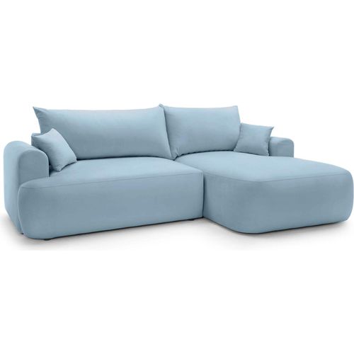Selsey OVO - Ecksofa mit Schlaffunktion, Stauraum und Samtbezug, Hellblau, rechts