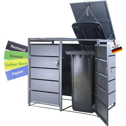 Albatros Mülltonnenbox 2er Tonne | bis 240 Liter | Anthrazitgrau RAL 7016 | verzinkter Stahl | Premium Dämpfer| Aufkleber-Set | wetterfest| verstellbare Füße| Türgriff mit Schloss | Gartenbox | entwickelt in Deutschland