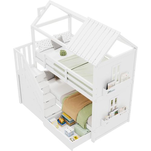 Kinder-Etagenbett, 90*200cm, Multifunktionales Kinderbett, mit Stauraumtreppe & Schubladen & Regalen, Extra großer Stauraum, Ohne Matratze,