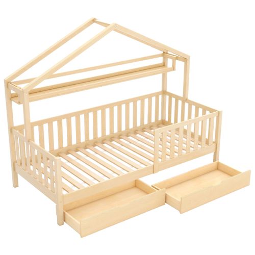 Kinderbett in Holzfarbe,Kinderbett Hausbett mit Schubladen,Massivholz mit Lattenrost, Kiefernholz Hausbett , Kinder und Jugendzimmer,90x200cm,,