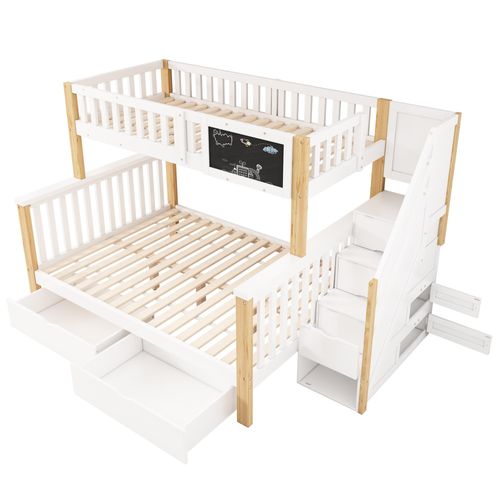 Kinder-Etagenbett, Doppelbett, multifunktionales Kinderbett, mit Tafel und Schubladen, ohne Matratze, weiß+helle Eiche, 90*200+140*200,,