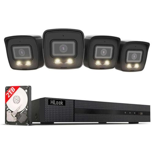 Hilook Überwachungskamera Set Außen 4x 8 MP/4K Bullet Kamera SD Karten-Slot Nachtsicht in Farbe, KI Personen-/Fahrzeugerkennung 8-Kanal NVR, 2 TB HDD