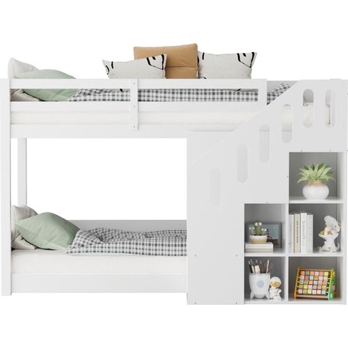 Kinder-Etagenbett,Doppelbett, multifunktionales Kinderbett, Mit Treppen und Schließfächern,stabiles Geländer, ohne Matratze, 90*200cm, Weiß,
