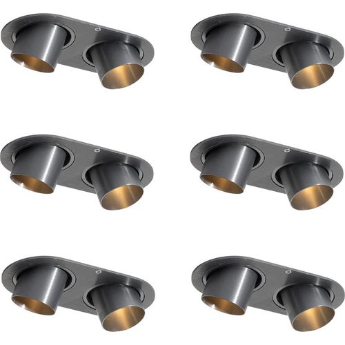 QAZQA - Modern Set mit 6 Einbaustrahlern Gunmetal GU10 35mm Schwenkbar 2-Licht - Installa I Wohnzimmer I Schlafzimmer - Aluminium Oval I Rund - LED geeignet GU10