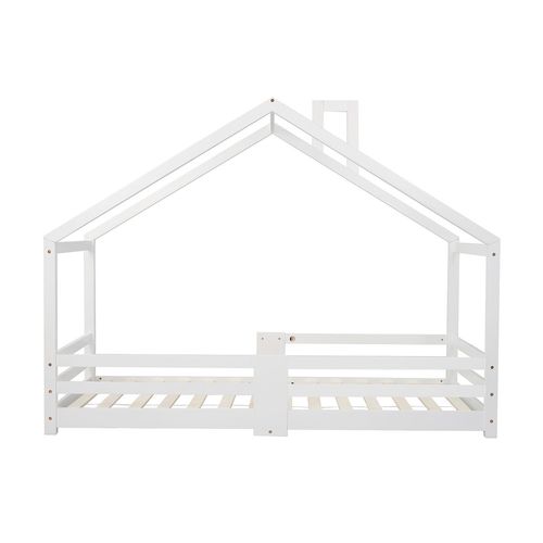 Kinderbett mit Schornstein Rausfallschutz Robuste Lattenroste Bodenbett Hausbett 90x200cm Weiß