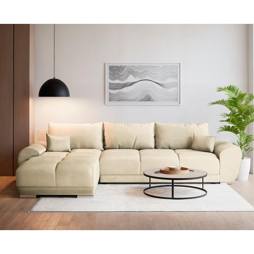PAWS MOBEL Beige modernes gepolstertes Ecksofa mit Schlaffunktion, Wohnzimmerecksofa, Samt BERMO 290x183 cm