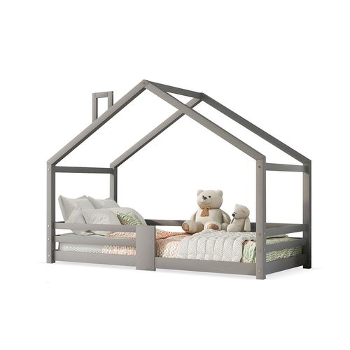 Kinderbett mit Schornstein Rausfallschutz Robuste Lattenroste Bodenbett Hausbett 90x200cm Grau