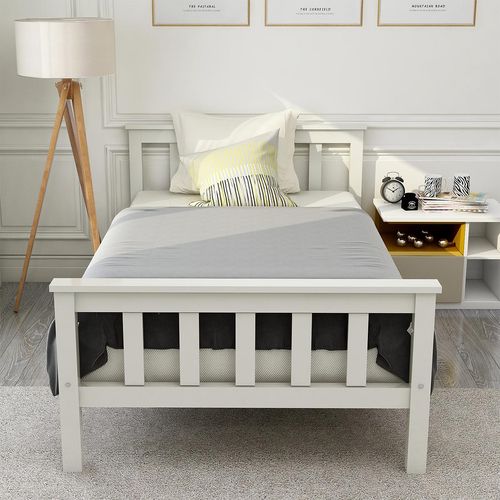 Bettgestell mit Lattenrost und Kopfteil Holzbett Einzelbett Kinderbett Massivholzbett 90x200cm Weiß