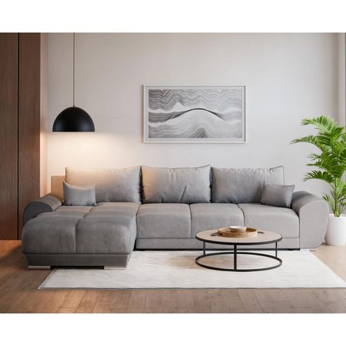 PAWS MOBEL Silber Grau modernes gepolstertes Ecksofa mit Schlaffunktion, Wohnzimmerecksofa, Samt BERMO 290x183 cm