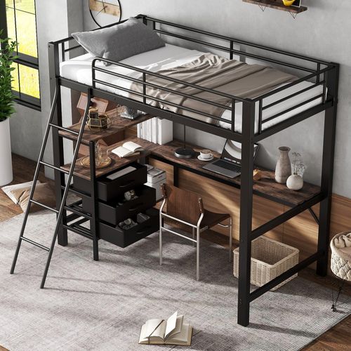Odikalo Hochbett Kinderbett Eisen Schubladen Schreibtisch Schräg Leiter Schwarz 90x200