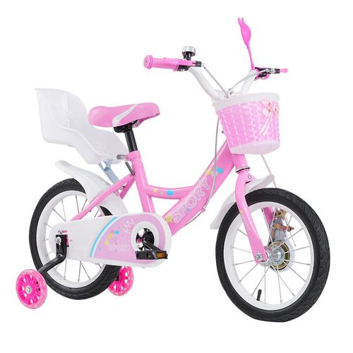 Supfine Kinderfahrrad 14 Zoll Kinder Fahrrad mit Kettenschutz Spielzeug-Rücksitz Rosa-Weiß