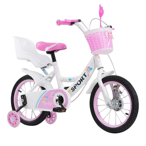 Supfine Kinderfahrrad 14 Zoll Kinder Fahrrad mit Kettenschutz Spielzeug-Rücksitz Weiß-Rosa