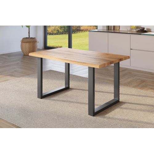 Esstisch 160x85 cm Baumkante Holz Wildeiche-Optik U-Gestell Metall schwarz JULIUS