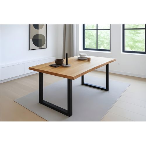 Refurbished Möbelretoure Esstisch 180x90 cm Baumkante Eichenholz massiv geölt U-Gestell schwarz SALVADOR