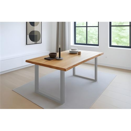 Refurbished Möbelretoure Esstisch 180x90 cm Baumkante Eichenholz massiv geölt U-Gestell silber SALVADOR
