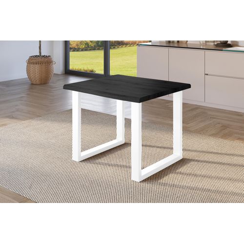 Esstisch 80x80 cm Baumkante Holz Grau-Optik U-Gestell Metall weiß JULIUS