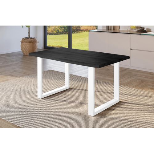 Esstisch 120x80 cm Baumkante Holz Grau-Optik U-Gestell Metall weiß JULIUS