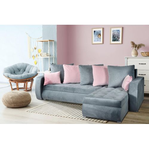 Trinity-Ecksofa mit Schlaffunktion und Bettkasten in grau-rosa Farbe.