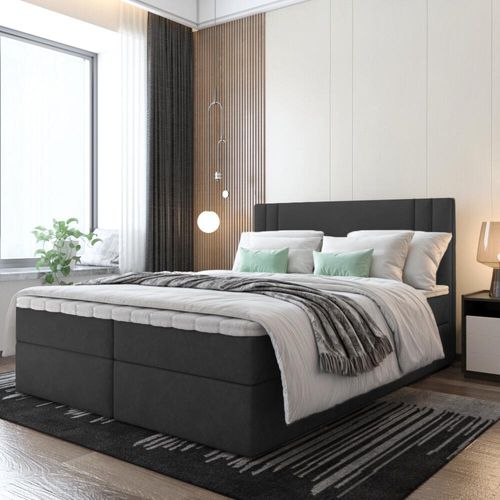 Bett Boxspringbett BEST, Mit Topper T25 und Bettkästen - Doppelbett, Stauraum, Schlafzimmer, Polsterbett, Bettgestell (180x200, Schwarz - ITAKA 15)