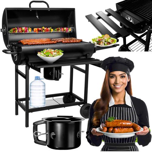 HOLZKOHLEGRILL BBQ Gartengrill 2 Roste Grillwagen mit Deckel, Thermometer, Aschekasten, klappbare Regale, Edelstahlroste