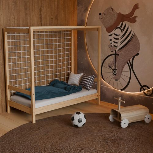HAGO24 Kinderbett Fußballtor Natur Jugendbett Einzelbett Holz 70x140cm Kiefer Lattenrost Netz Spielbett Torrahmen
