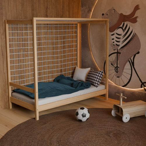 HAGO24 Kinderbett Fußballtor Natur Jugendbett Einzelbett Holz 80x160cm Kiefer Lattenrost Netz Spielbett Torrahmen