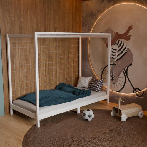 HAGO24 Kinderbett Fußballtor weiß Jugendbett Einzelbett Holz 90x200cm Kiefer Lattenrost Netz Spielbett Torrahmen