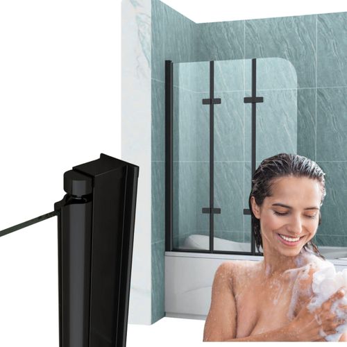 Silla | Duschwand aus Glas - 120x140 cm - Schwarz - Faltwand für Badewanne - 3 Teilig Faltwand - Badwannenfaltwände