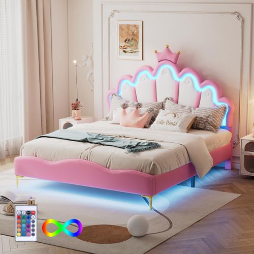 okwish Polsterbett 140*200cm kronenförmiges Kopfteil, Kunstleder, LED-Lichtleist, Rosa