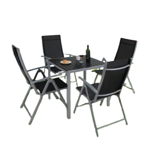 Gartenset mit Gartenstühlen – Gartentisch – 4 Personen – Balkongarnitur – 5-teiliges Gartenmöbelset – Aluminium – Klappstühle – Schwarz/Silber