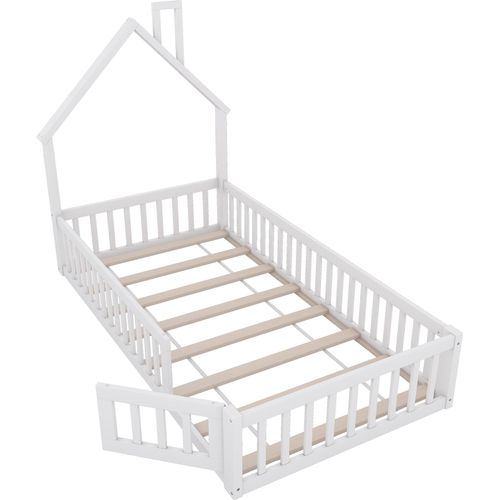 Jugendbett 90x200cm Kinderbett (ohne Matratze) Massivholzbett Einzelbett Hausbett Mit Schornsteinform und Lattenrost Weiß Kiefernholz