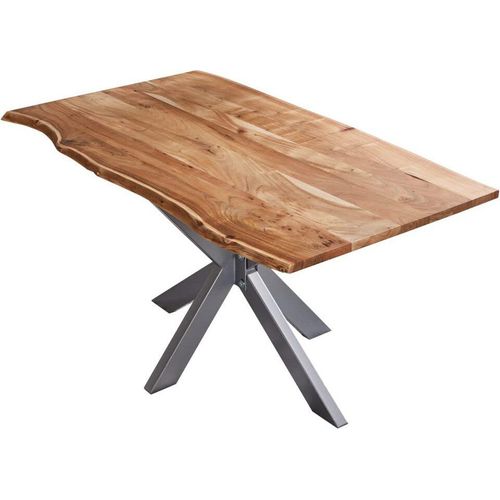 Esstisch 160x85cm Benni, Akazienholz massiv + naturfarben, echte Baumkante, Baumkantentisch mit Spider-Metallgestell Silber, Esszimmertisch mit Tischplatte 26mm