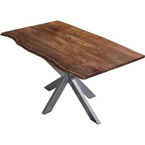 Esstisch 120x80cm Benni, Akazienholz massiv + nussbaumfarben, echte Baumkante, Baumkantentisch mit Spider-Metallgestell Silber, Esszimmertisch mit Tischplatte 26mm