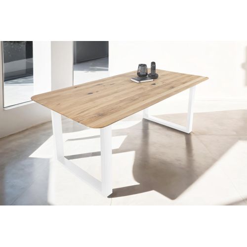 Esstisch 160 x 85 cm Lotte, Eichenholz massiv & geölt, Esszimmertisch mit Schweizer Kante/runde Ecken, U-Gestell aus Metall Weiß, pflegeleichter Holztisch