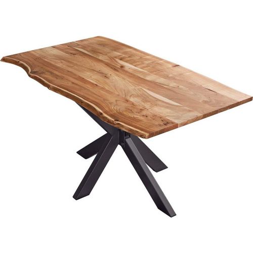 Esstisch 120x80cm Benni, Akazienholz massiv + naturfarben, echte Baumkante, Baumkantentisch mit Spider-Metallgestell Schwarz, Esszimmertisch mit Tischplatte 26mm