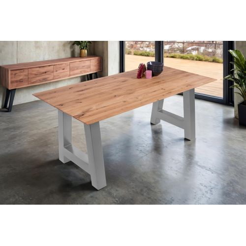 Esstisch 160 x 85 cm Lotte, Eichenholz massiv & geölt, Esszimmertisch mit Schweizer Kante/gerade Ecken, A-Gestell aus Metall Silber, pflegeleichter Holztisch