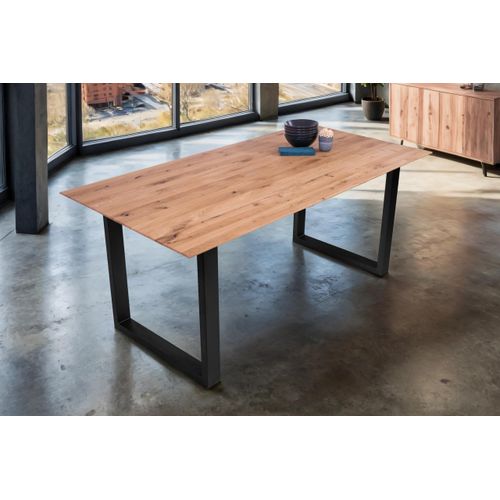 Esstisch 180 x 90 cm Lotte, Eichenholz massiv & geölt, Esszimmertisch mit Schweizer Kante/gerade Ecken, U-Gestell aus Metall Schwarz, pflegeleichter Holztisch