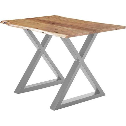 Esstisch 120x80 cm Lubin, Akazienholz naturfarben, Massiver Esszimmertisch mit echter Baumkante, Baumkantentisch mit geschlossenem X-Gestell Silber, Tischplatte