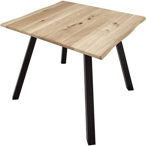 Esstisch 90 x 90 cm Edik, Eichenholz massiv + geölt, Vier Schwarze Metallbeine, Baumkantentisch aus Wildeiche, Tischplatte 26mm