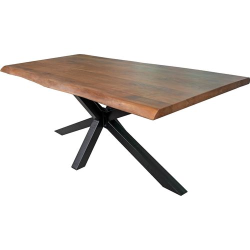 Esstisch 280 x 100 cm Cali, Baumkantentisch nussbaumfarben, Akazienholz massiv, Spider-Gestell aus Metall Schwarz, aufgedoppelte Kanten 25+25 mm